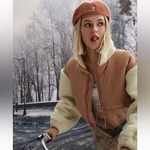 For Love and Lemons Cropped Quilted Nico Puffer Jacket Womens Brown Beige Sz S